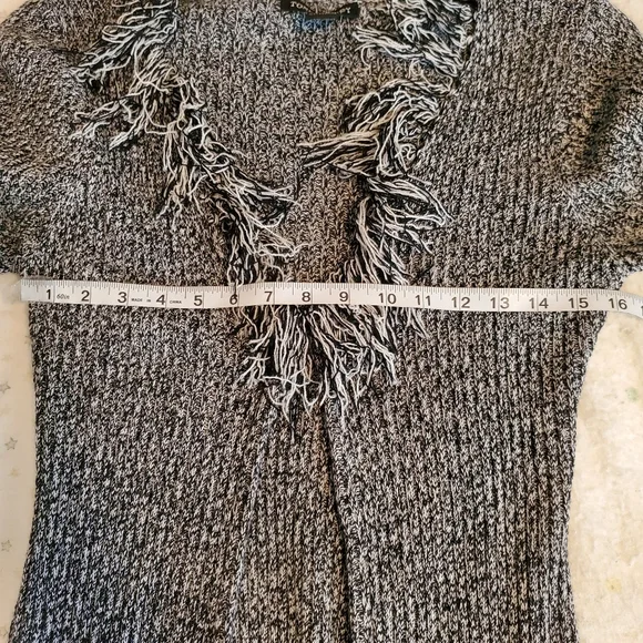 Tomfoolery Open Front Fringe Trim Long Sweater Cardigan, M, Black & White - Picture 8 of 10